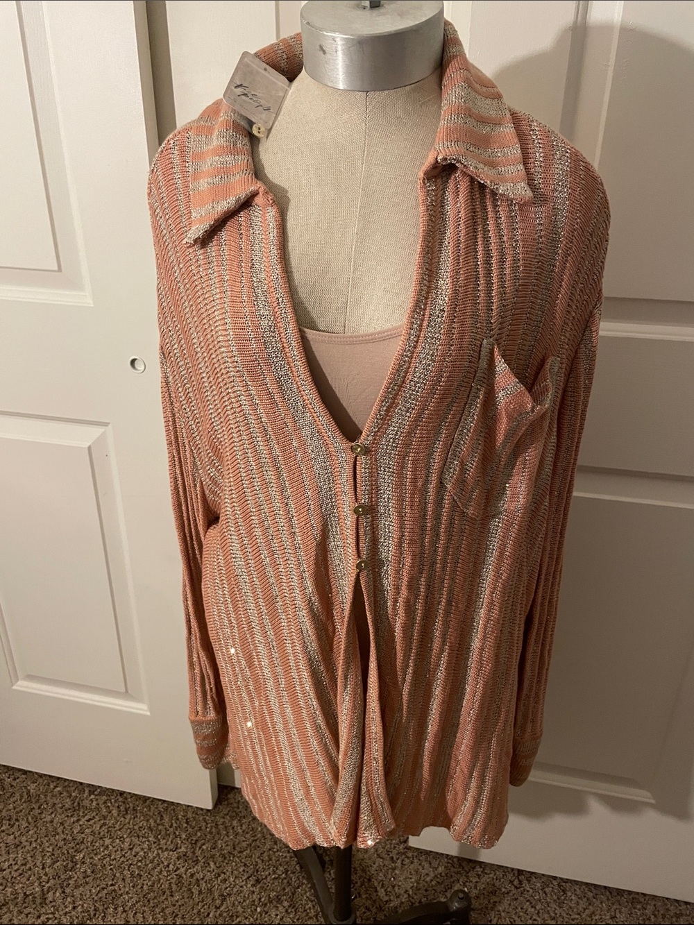 Free People Peach and Silver Metallic Stripe Button-Up Shirt